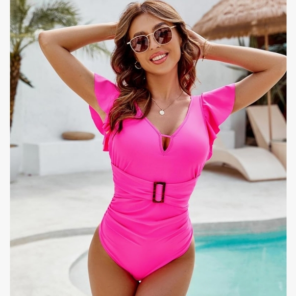 Pink Tummy Control Swimsuits with Cut Out Ruffles and Strap at Waist Size XXL - Picture 2 of 16